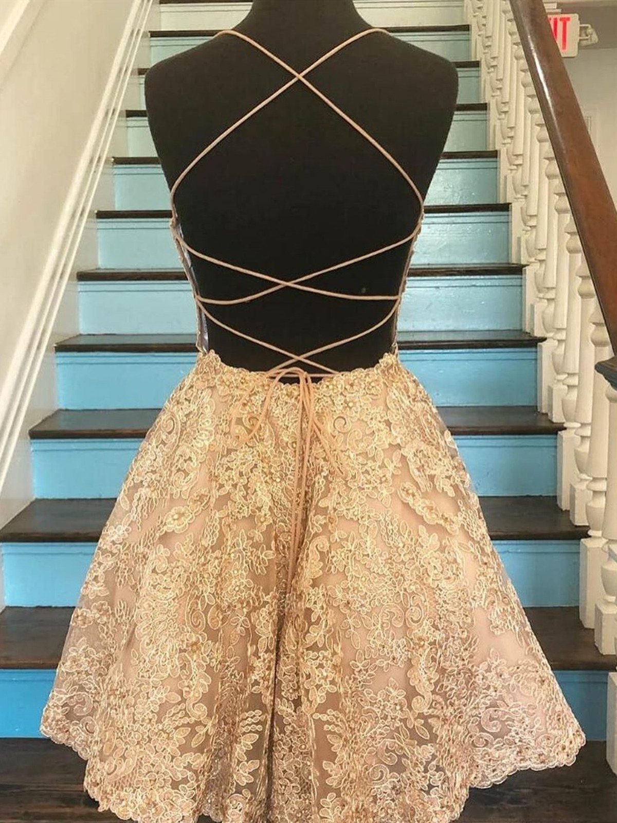 Prom Dressed 2029, Short Champagne Backless Lace Prom Dresses, Short Lace Formal Graduation Homecoming Dresses