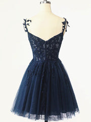 Fall Wedding Color, Short Dark Navy Blue Lace Prom Dresses, Dark Blue Lace Formal Homecoming Dress