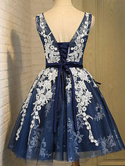Party Dress Inspiration, Short Dark Navy Blue Prom Dress with White Lace, Short Dark Navy Blue Graduation Homecoming Dresses