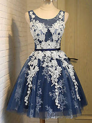 Party Dress Styles, Short Dark Navy Blue Prom Dress with White Lace, Short Dark Navy Blue Graduation Homecoming Dresses