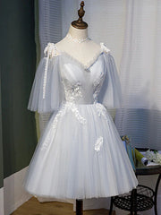 Bridesmaid Dresses Elegant, Short Gray Lace Prom Dresses, Short Gray Lace Formal Homecoming Dresses