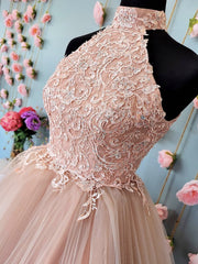 Prom Dress Long Elegant, Short Halter Neck Pink Lace Prom Dresses, Halter Neck Short Pink Lace Formal Homecoming Dresses