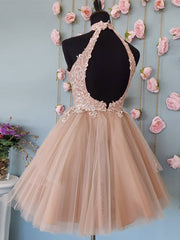 Prom Dresses Silk, Short Halter Neck Pink Lace Prom Dresses, Halter Neck Short Pink Lace Formal Homecoming Dresses