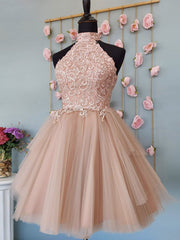 Prom Dress Long Elegent, Short Halter Neck Pink Lace Prom Dresses, Halter Neck Short Pink Lace Formal Homecoming Dresses