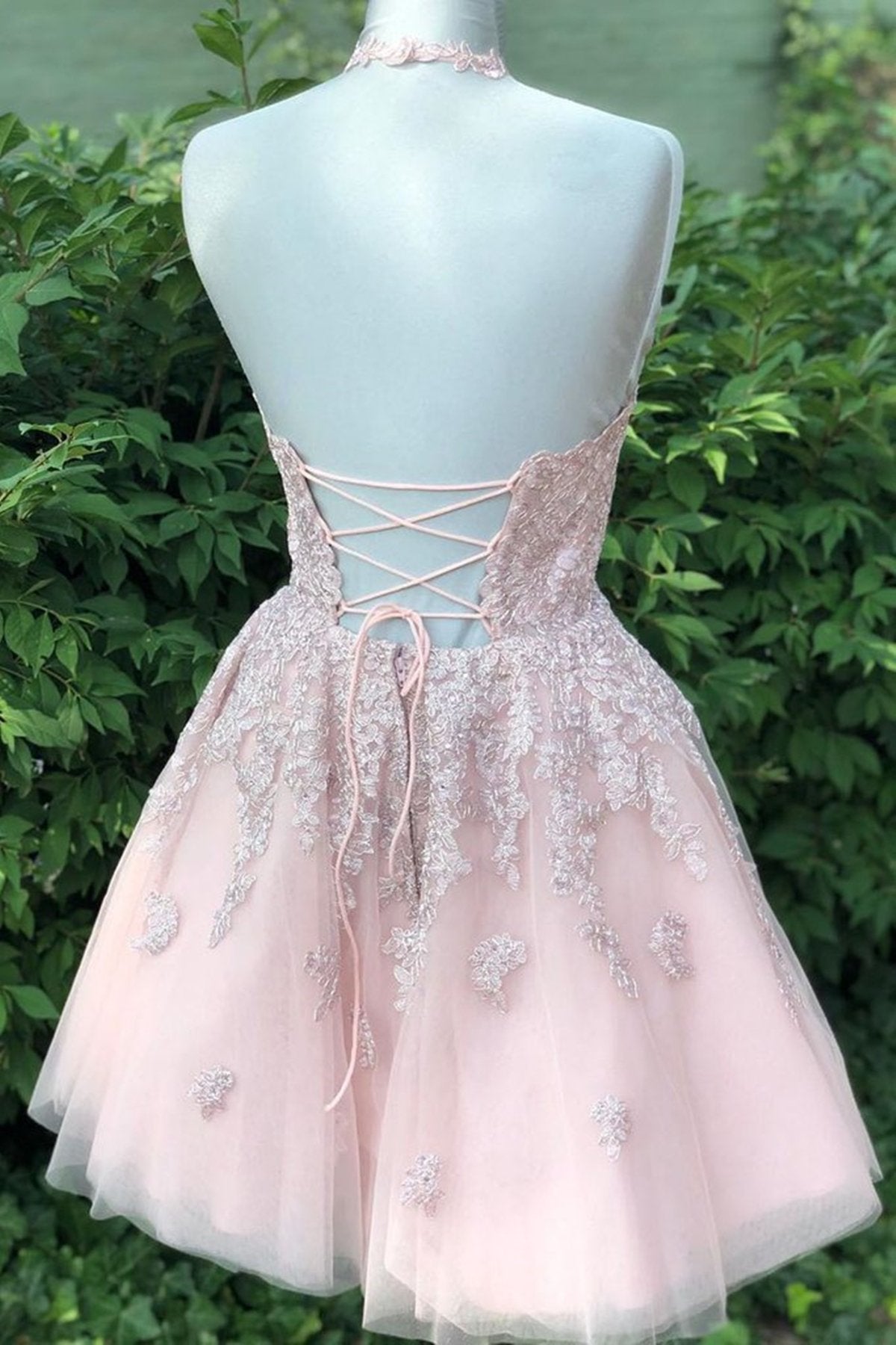 Prom Dresses Laced, Short Halter Neck Pink Lace Prom Dresses, Halter Neck Short Pink Lace Graduation Homecoming Dresses