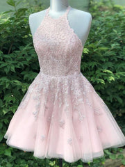 Prom Dresses Ball Gowns, Short Halter Neck Pink Lace Prom Dresses, Halter Neck Short Pink Lace Graduation Homecoming Dresses