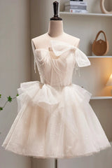 Bridesmaid Dress Formal, Short Light Champagne Tulle Prom Dresses, Short Champagne Tulle Formal Homecoming Dresses
