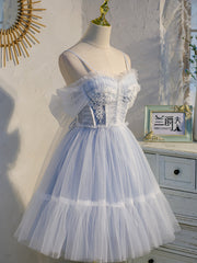 Boho Wedding Dress, Short Off the Shoulder Light Blue Prom Dresses, Light Blue Formal Homecoming Dresses