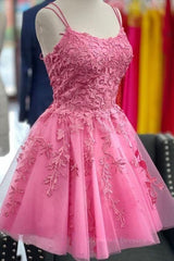 Bridesmaids Dresses With Sleeves, Short Pink Backless Lace Prom Dresses, Short Pink Open Back Formal Homecoming Dresses