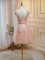 Wedding Inspo, Short Pink Floral Prom Dresses, Short Pink Tulle Floral Formal Homecoming Dresses