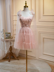Mermaid Wedding Dress, Short Pink Floral Prom Dresses, Short Pink Tulle Floral Formal Homecoming Dresses