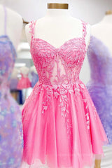 Bridesmaids Dress Pink, Short Pink Lace Prom Dresses, Short Pink Lace Formal Homecoming Dresses
