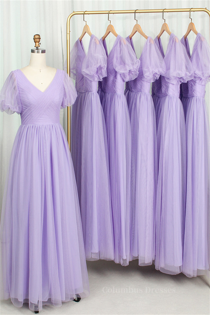 Short Dress Style, Short Puffy Sleeves Lavender Tulle Long Formal Dress