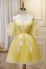 Party Dress A Line, Short Puffy Sleeves Yellow A-line Short Princess Dress