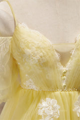 Party Dress Ball, Short Puffy Sleeves Yellow A-line Short Princess Dress