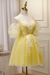 Party Dresses And Tops, Short Puffy Sleeves Yellow A-line Short Princess Dress