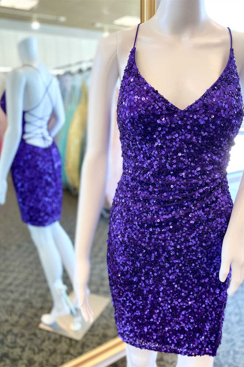 Flowy Prom Dress, Short Purple Sequined V-Neck Party Dress Homecoming Dresses