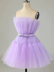 White Wedding, Short Purple Strapless Tulle Prom Dresses, Short Lavender Tulle Graduation Homecoming Dresses