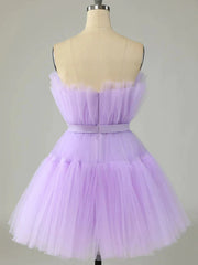 Non Traditional Wedding Dress, Short Purple Strapless Tulle Prom Dresses, Short Lavender Tulle Graduation Homecoming Dresses