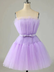 Autumn Wedding, Short Purple Strapless Tulle Prom Dresses, Short Lavender Tulle Graduation Homecoming Dresses