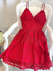 Evening Dresses Formal, Short Red Lace Prom Dresses, Short Red Lace Formal Graduation Homecoming Dresses