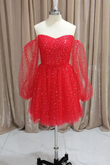 Bridesmaid Dresses Idea, Short Red Long Sleeves Tulle Prom Dresses, Short Red Long Sleeves Formal Homecoming Dresses