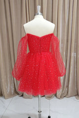 Bridesmaid Dress Styles, Short Red Long Sleeves Tulle Prom Dresses, Short Red Long Sleeves Formal Homecoming Dresses