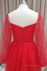 Bridesmaids Dress Long, Short Red Long Sleeves Tulle Prom Dresses, Short Red Long Sleeves Formal Homecoming Dresses