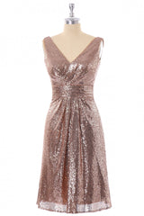 Homecoming Dress Black, Short Rose Gold Sequin A-line Bridesmaid Dress