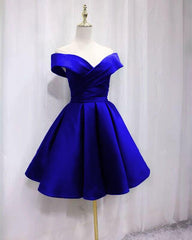 Prom Dresses Blue, Short Satin Off Shoulder Homecoming Dress For Prom