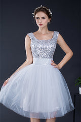 Prom Dress Glitter, Short Sequin Tulle Lace-up Knee-length Homecoming Dresses