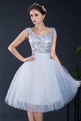 Prom Dress Long With Slit, Short Sequin Tulle Lace-up Knee-length Homecoming Dresses