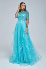 Bridesmaid Dressing Gown, Short Sleeve Tulle Beaded Sequins Long Prom Dresses FZ001