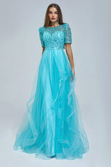 Bridesmaid Dress Gown, Short Sleeve Tulle Beaded Sequins Long Prom Dresses FZ001