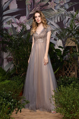Bridesmaid Dress 2067, Short Sleeve V Neck A Line Sequin Beaded Long Prom Dresses
