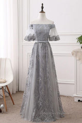 Prom Dress 2056, Short Sleeves Grey Lace Long Prom Dresses, Short Sleeves Gray Lace Long Formal Evening Dresses