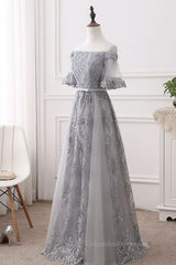 Bridesmaid Propos, Short Sleeves Grey Lace Long Prom Dresses, Short Sleeves Gray Lace Long Formal Evening Dresses