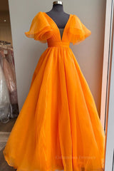 Prom Dresses With Slit, Short Sleeves Orange Long Prom Dresses, Orange Long Formal Evening Dresses