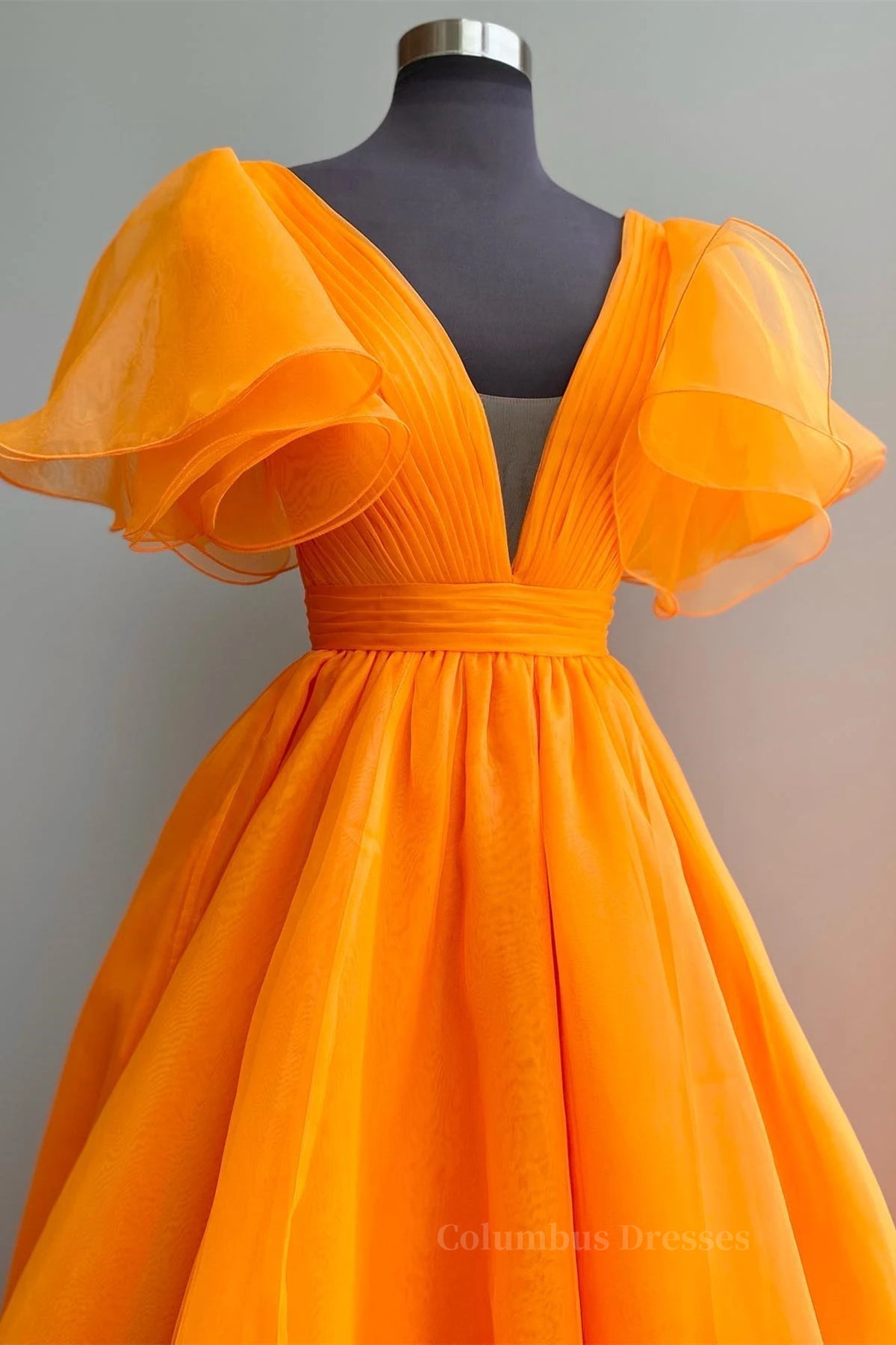 Prom Dresses Black, Short Sleeves Orange Long Prom Dresses, Orange Long Formal Evening Dresses