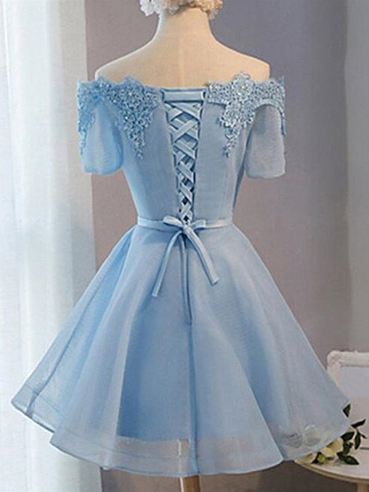 Party Dress Large Size, Short Sleeves Short Blue Prom Dresses with Lace-up, Short Blue Homecoming Graduation Dresses