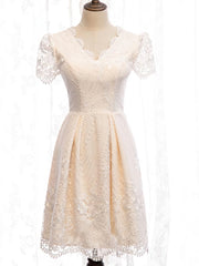 Wedding Dresses Lace A Line, Short Sleeves Short Champagne Lace Prom Dresses, Short Champagne Lace Formal Wedding Dresses