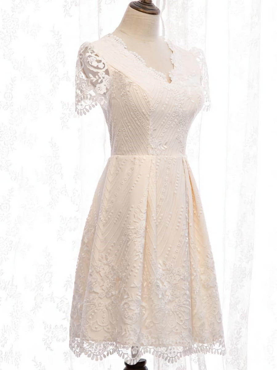 Wedding Dress Inspired, Short Sleeves Short Champagne Lace Prom Dresses, Short Champagne Lace Formal Wedding Dresses