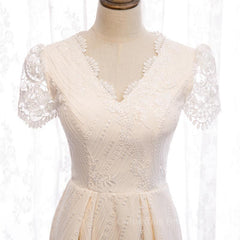 Wedding Dress V Neck, Short Sleeves Short Champagne Lace Prom Dresses, Short Champagne Lace Formal Wedding Dresses