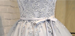 Elegant Wedding, Short Sleeves Silver Gray Lace Prom Dresses, Lace Graduation Homecoming Dresses