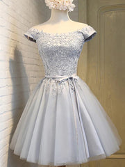 Prom Gown, Short Sleeves Silver Gray Lace Prom Dresses, Lace Graduation Homecoming Dresses
