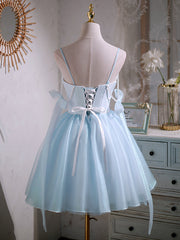 Evening Dress Elegant, Short V Neck Beaded Blue Prom Dresses, Short Blue V Neck Formal Homecoming Dresses