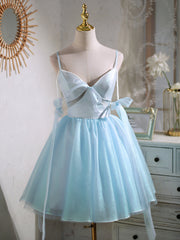 Long Dress, Short V Neck Beaded Blue Prom Dresses, Short Blue V Neck Formal Homecoming Dresses