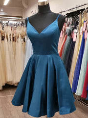 Party Dress With Glitter, Short V Neck Blue Prom Dresses, Blue V Neck Short Graduation Homecoming Dresses
