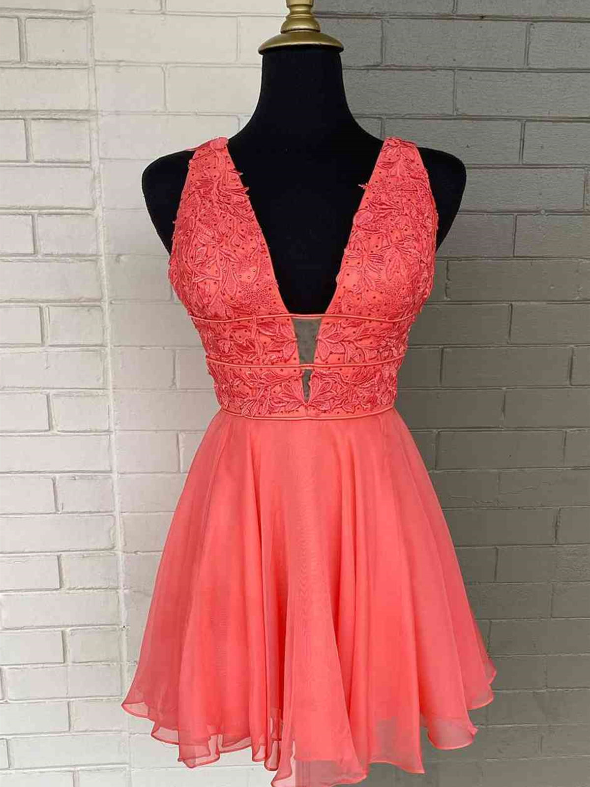 Dream, Short V Neck Coral Lace Prom Dresses, V Neck Coral Lace Formal Homecoming Dresses