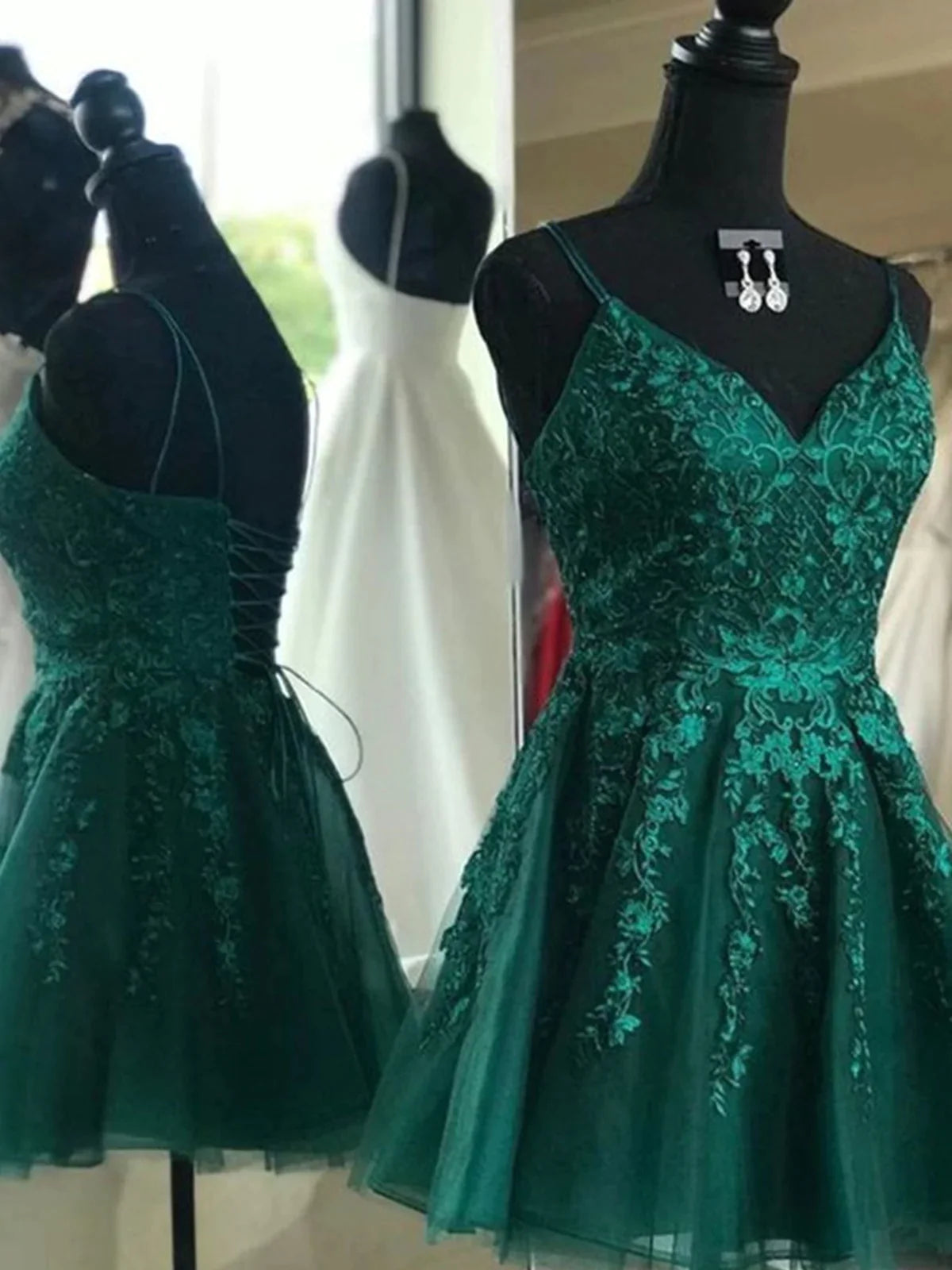 Bridal Dress, Short V Neck Dark Green Lace Prom Dresses, Short Dark Green Lace Graduation Homecoming Dresses